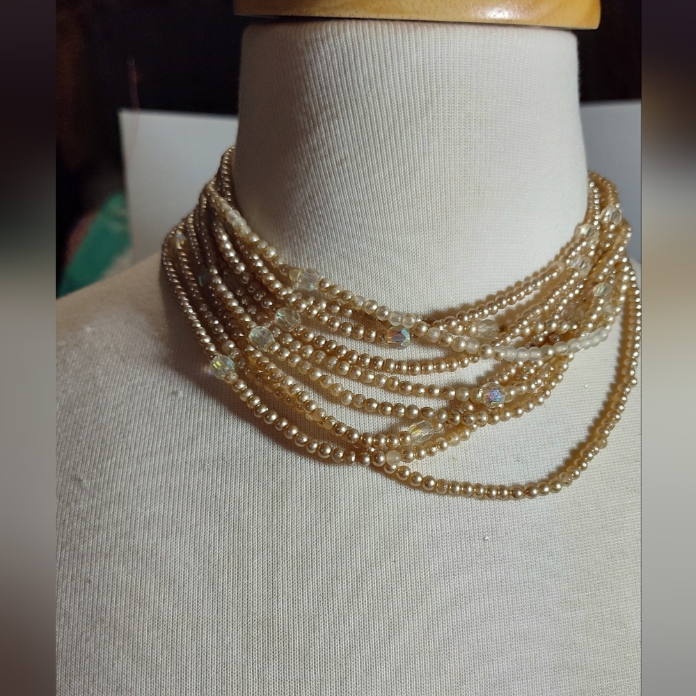 Multi Strand Gold Pearl & AB Bead Necklace NWOT